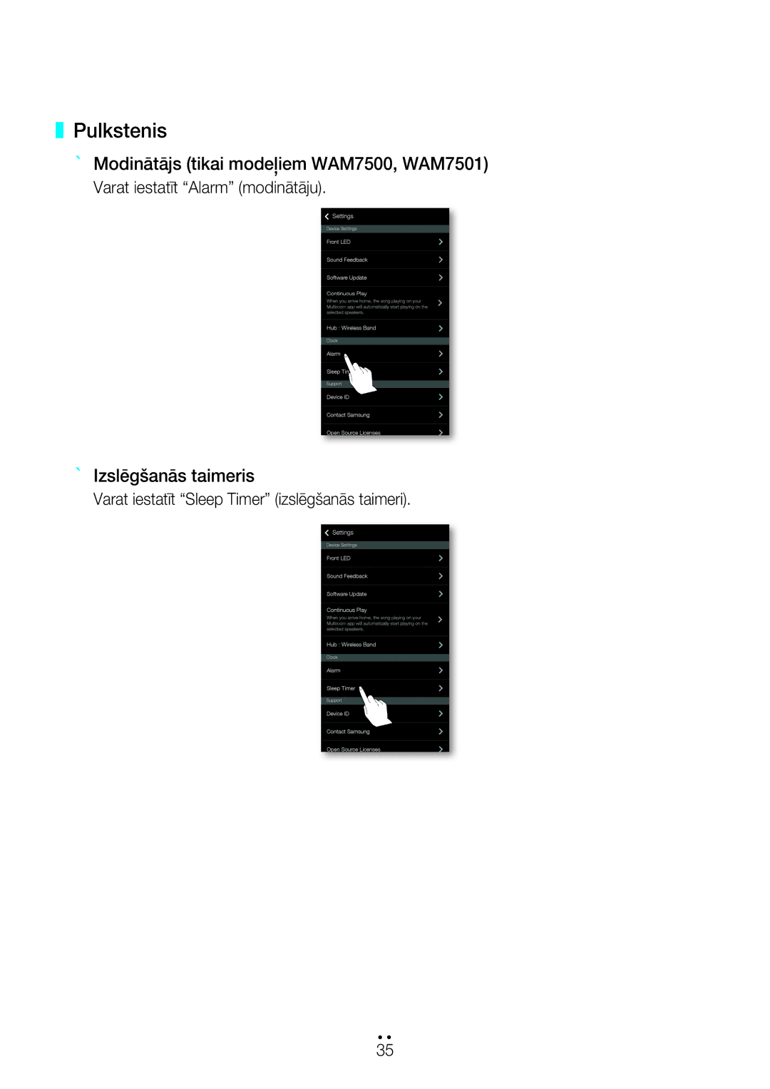 Samsung WAM7501/EN, WAM7500/EN Pulkstenis, Varat iestatīt Alarm modinātāju, Varat iestatīt Sleep Timer izslēgšanās taimeri 