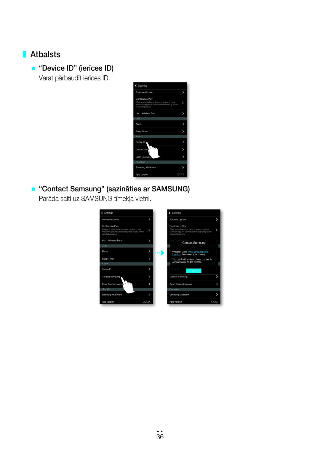 Samsung WAM7500/EN, WAM7501/EN manual Atbalsts, Varat pārbaudīt ierīces ID, Parāda saiti uz Samsung tīmekļa vietni 