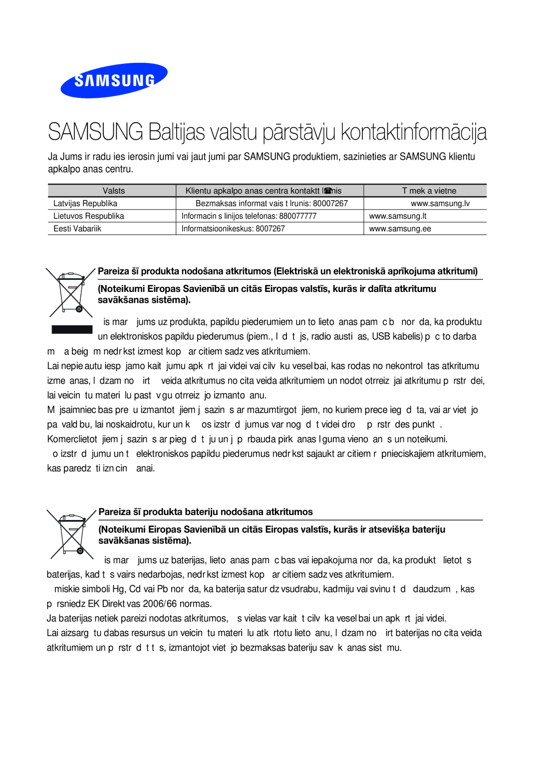 Samsung WAM7501/EN, WAM7500/EN manual Samsung Baltijas valstu pārstāvju kontaktinformācija 