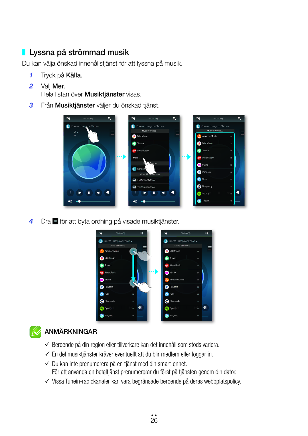 Samsung WAM6500/XE, WAM7500/XE manual Lyssna på strömmad musik, 99Du kan inte prenumerera på en tjänst med din smart-enhet 