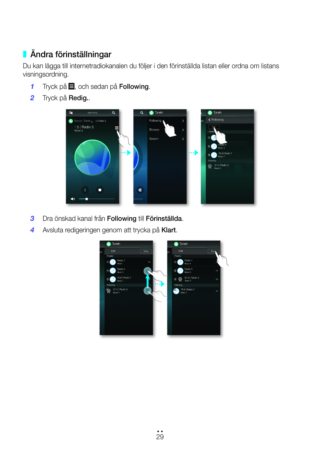 Samsung WAM7501/XE, WAM7500/XE, WAM6500/XE, WAM6501/XE manual Ändra förinställningar 