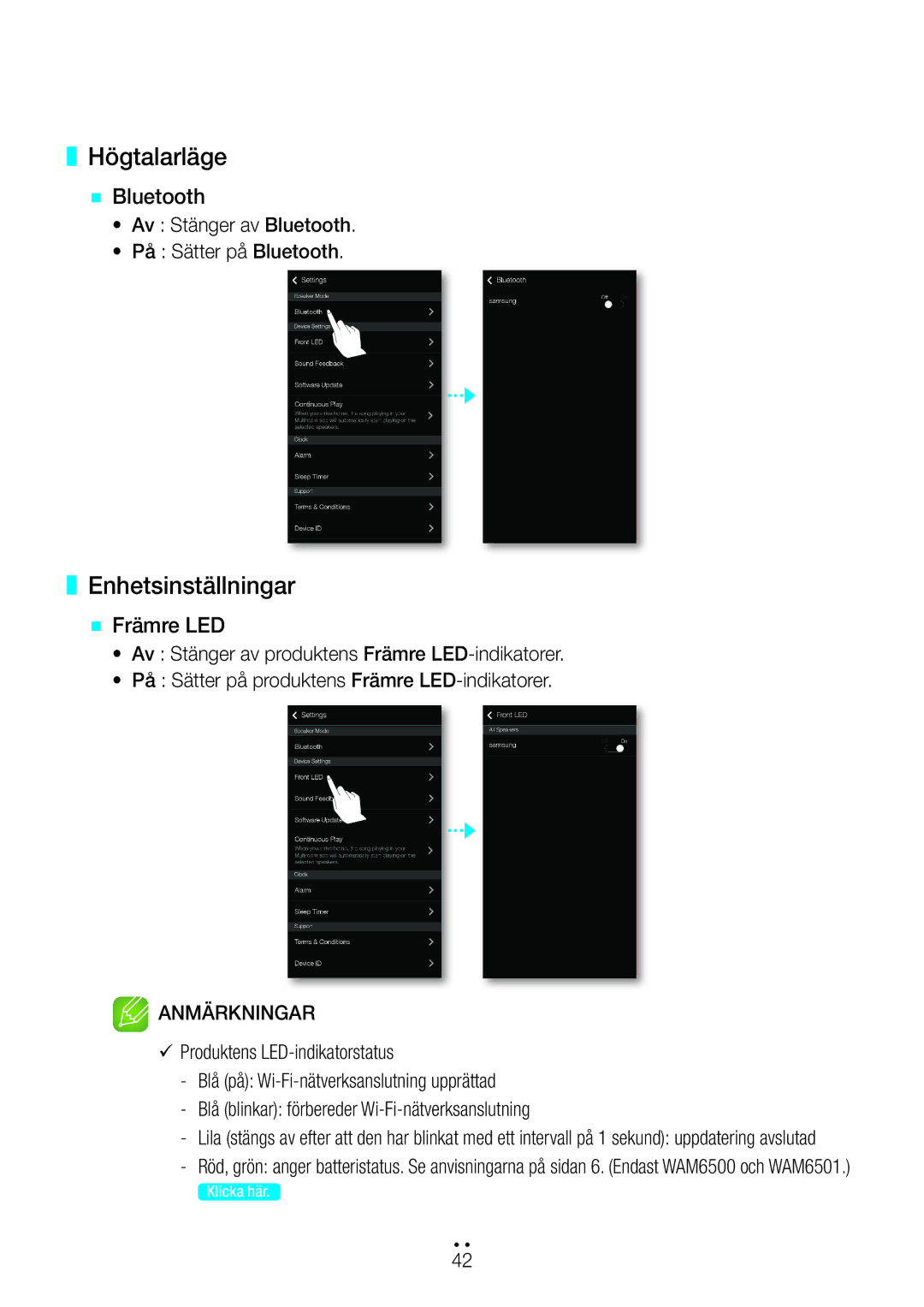 Samsung WAM6500/XE, WAM7500/XE, WAM7501/XE, WAM6501/XE manual Högtalarläge, Enhetsinställningar, `` Bluetooth, `` Främre LED 