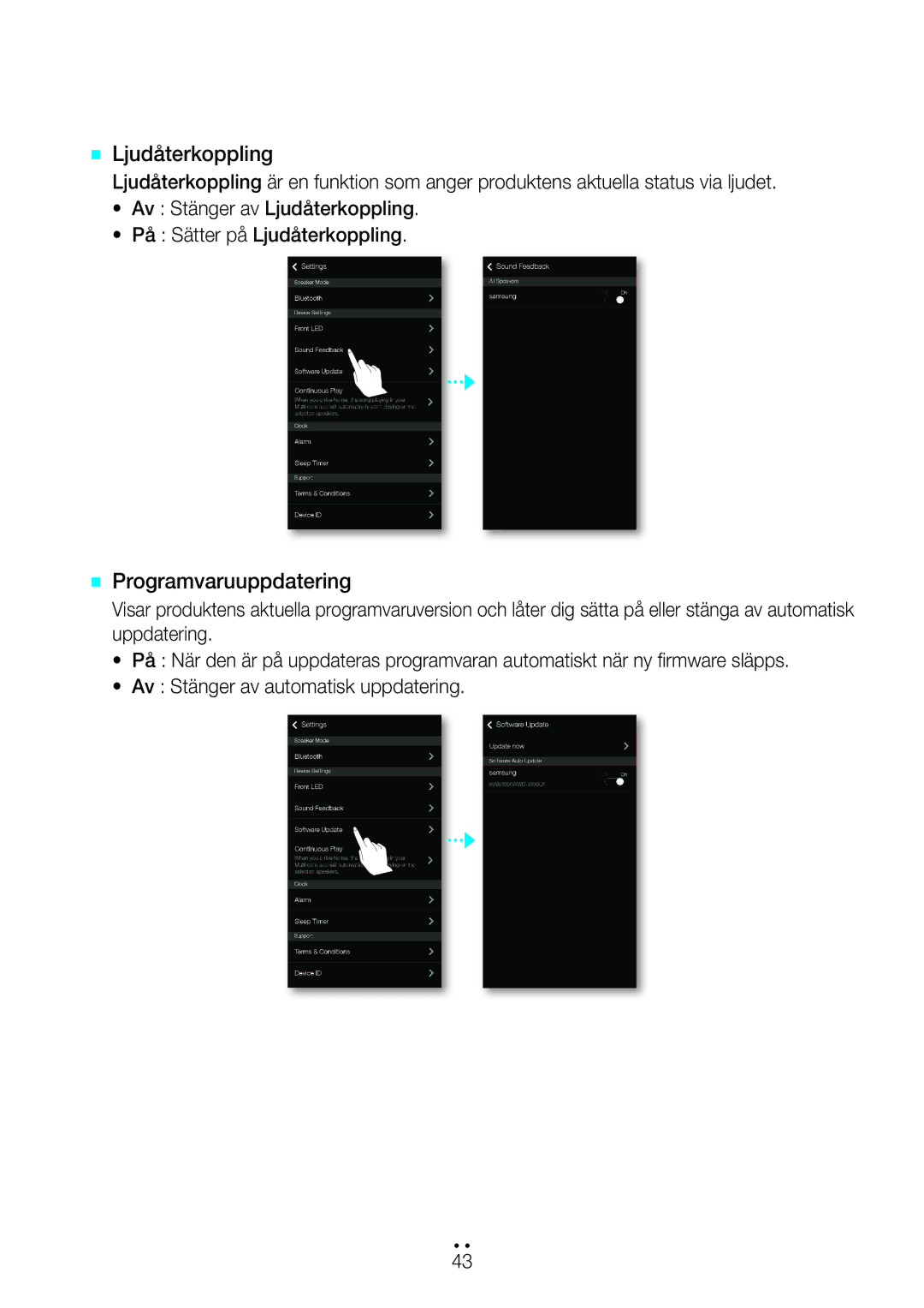 Samsung WAM6501/XE, WAM7500/XE, WAM7501/XE, WAM6500/XE manual `` Ljudåterkoppling, `` Programvaruuppdatering 