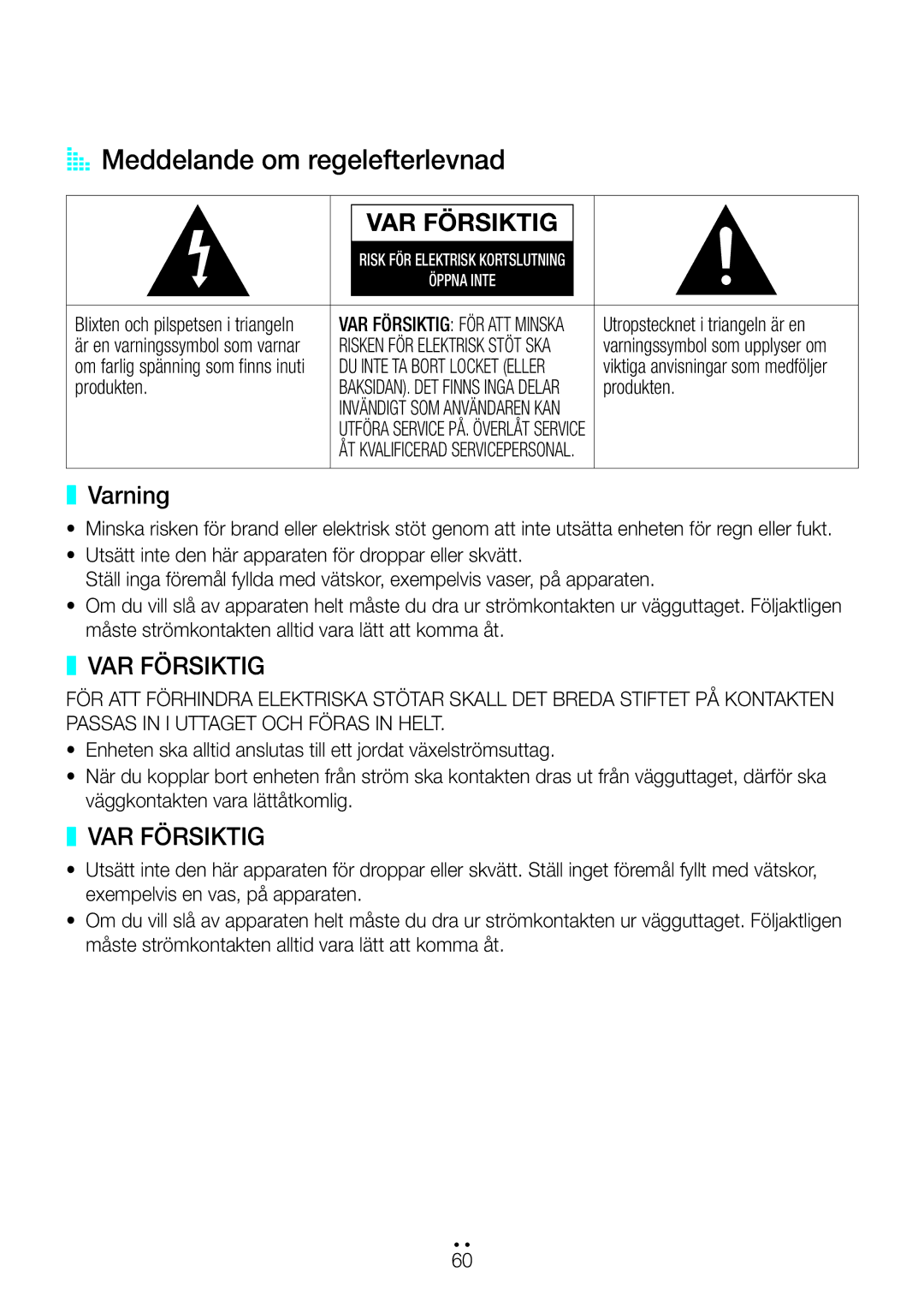 Samsung WAM7500/XE, WAM7501/XE manual AA Meddelande om regelefterlevnad, Varning, Utropstecknet i triangeln är en, Produkten 