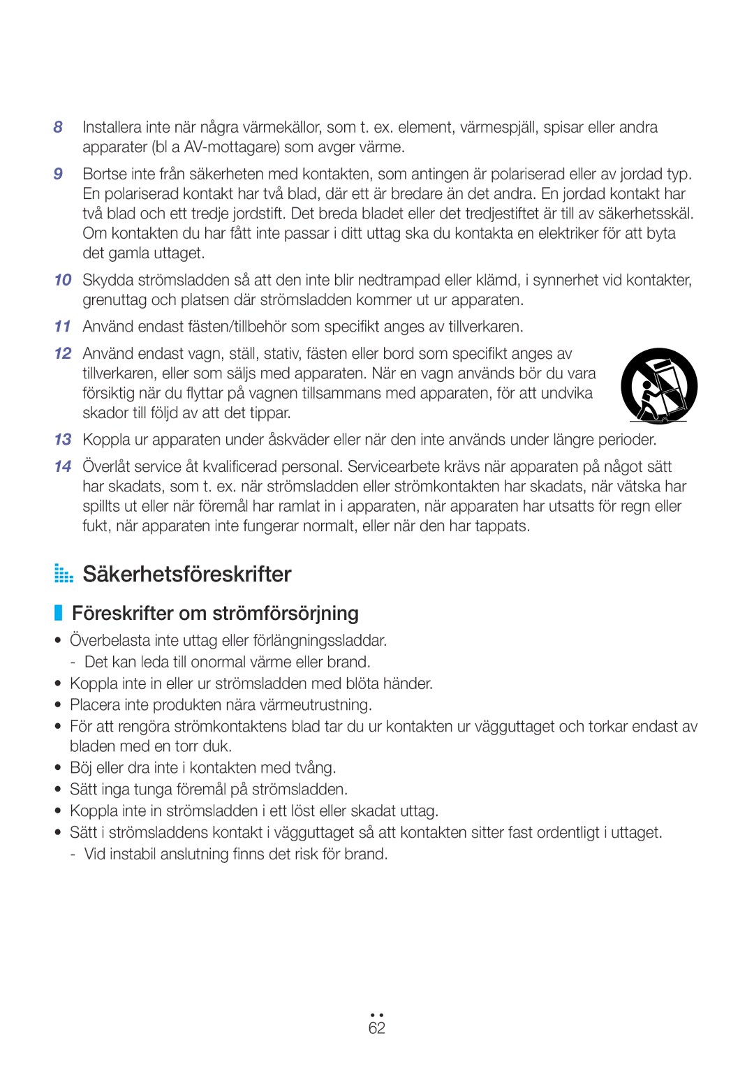 Samsung WAM6500/XE, WAM7500/XE, WAM7501/XE, WAM6501/XE manual AA Säkerhetsföreskrifter, Föreskrifter om strömförsörjning 