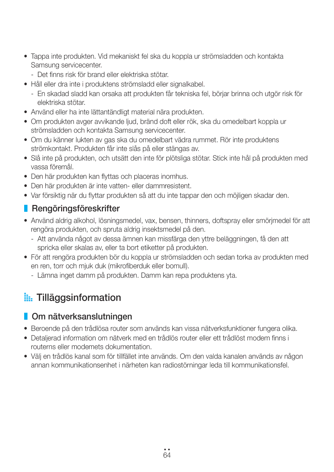 Samsung WAM7500/XE, WAM7501/XE, WAM6500/XE manual AA Tilläggsinformation, Rengöringsföreskrifter, Om nätverksanslutningen 