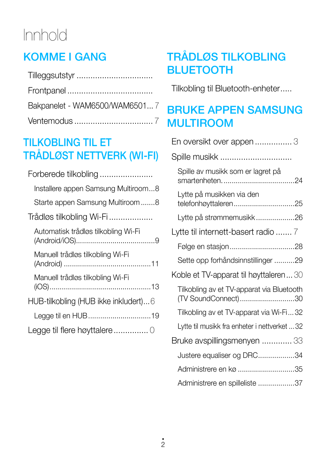 Samsung WAM6500/XE, WAM7500/XE, WAM7501/XE, WAM6501/XE manual Innhold 