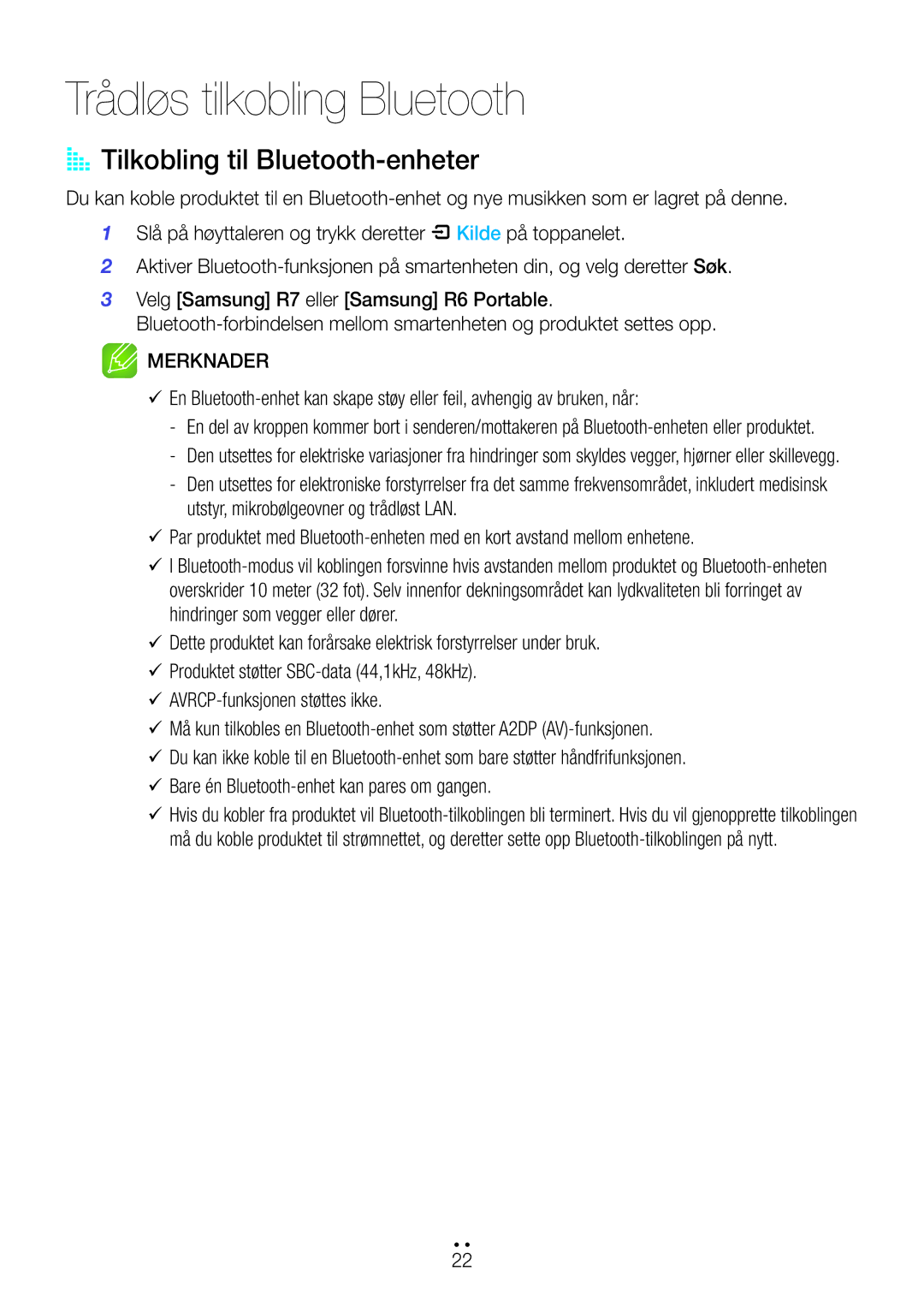 Samsung WAM6500/XE, WAM7500/XE, WAM7501/XE, WAM6501/XE Trådløs tilkobling Bluetooth, AA Tilkobling til Bluetooth-enheter 