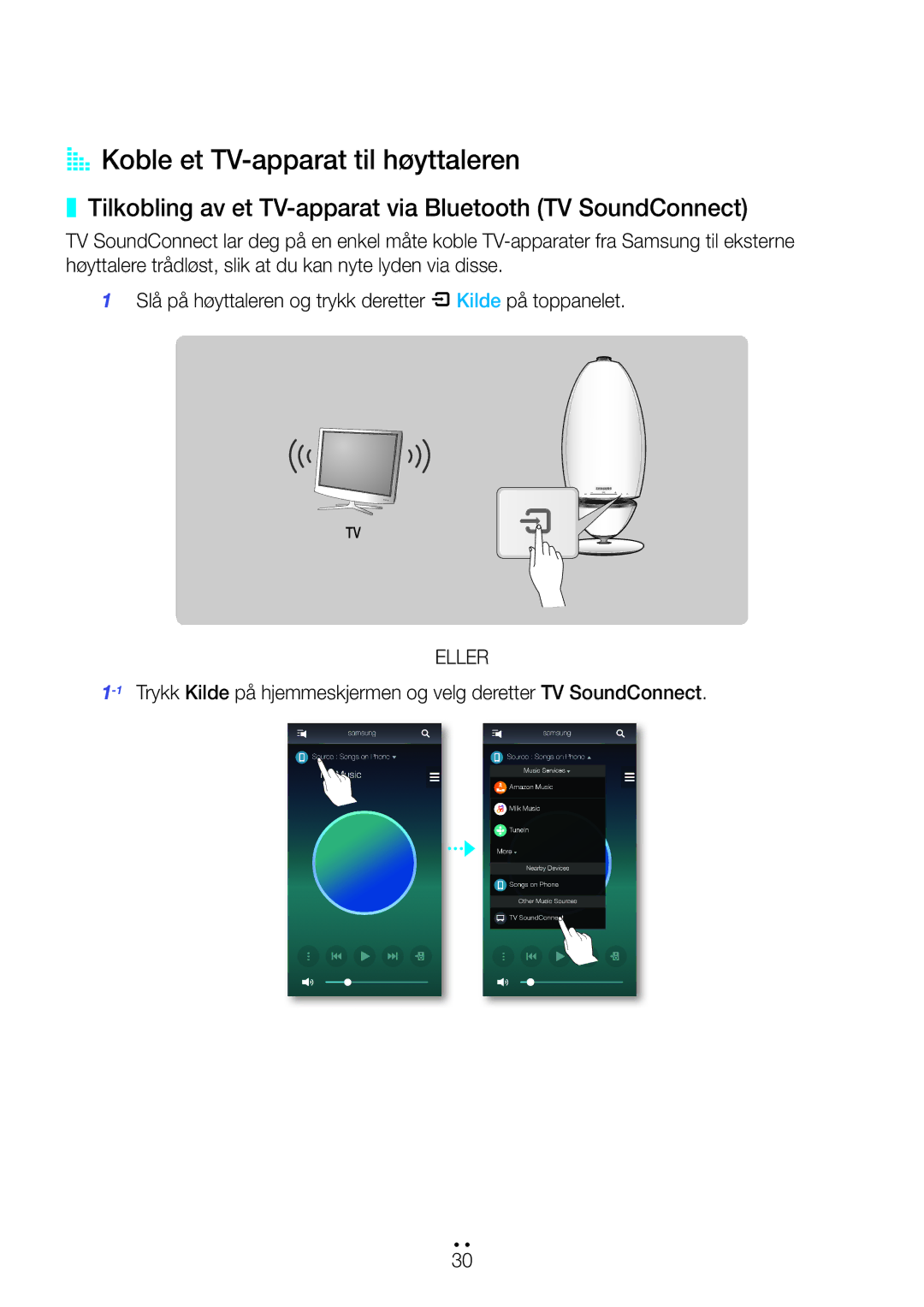 Samsung WAM6500/XE manual AA Koble et TV-apparat til høyttaleren, Tilkobling av et TV-apparat via Bluetooth TV SoundConnect 