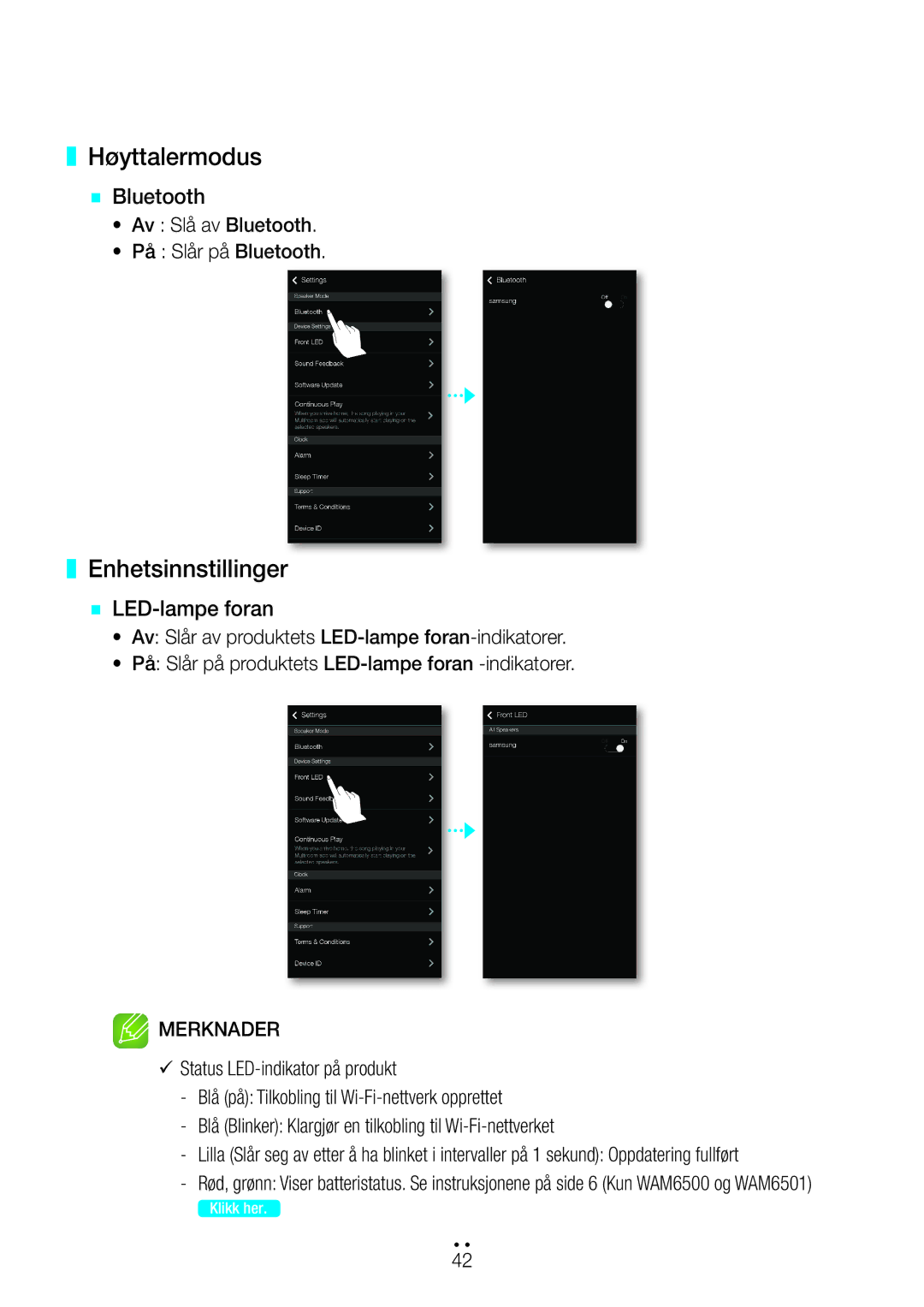 Samsung WAM6500/XE, WAM7500/XE, WAM7501/XE, WAM6501/XE Høyttalermodus, Enhetsinnstillinger, `` Bluetooth, `` LED-lampe foran 