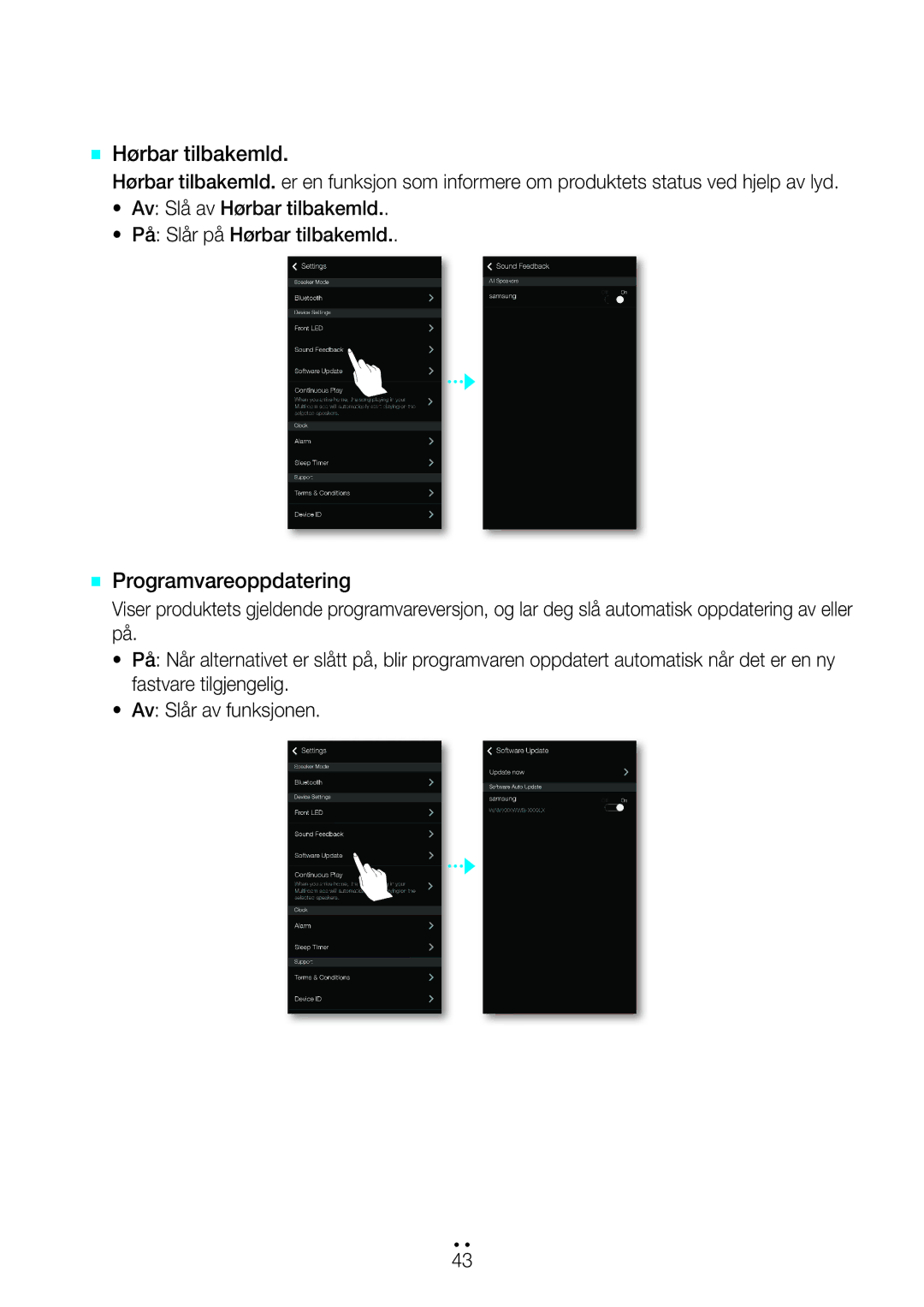 Samsung WAM6501/XE, WAM7500/XE, WAM7501/XE, WAM6500/XE manual `` Hørbar tilbakemld, `` Programvareoppdatering 