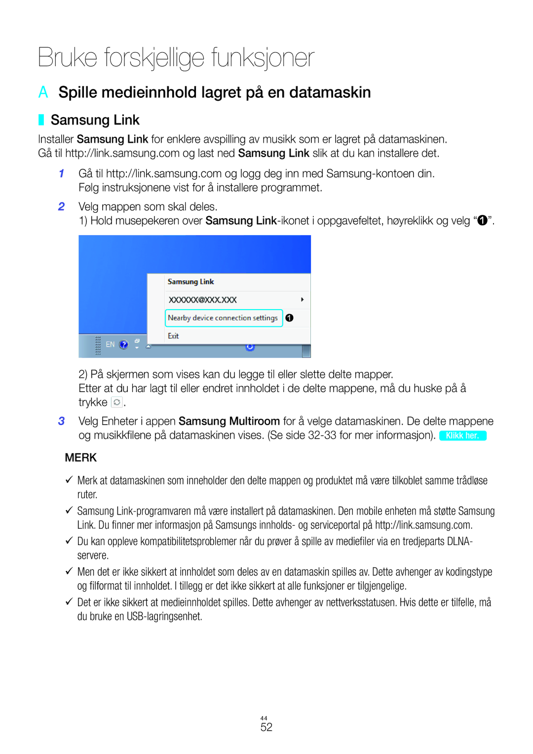 Samsung WAM7500/XE, WAM7501/XE Bruke forskjellige funksjoner, AA Spille medieinnhold lagret på en datamaskin, Samsung Link 