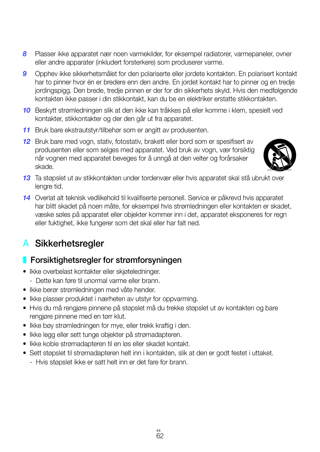 Samsung WAM6500/XE, WAM7500/XE, WAM7501/XE, WAM6501/XE manual AA Sikkerhetsregler, Forsiktighetsregler for strømforsyningen 