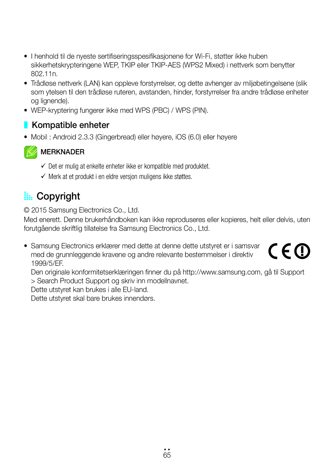 Samsung WAM7501/XE, WAM7500/XE, WAM6500/XE, WAM6501/XE manual AA Copyright, Kompatible enheter 