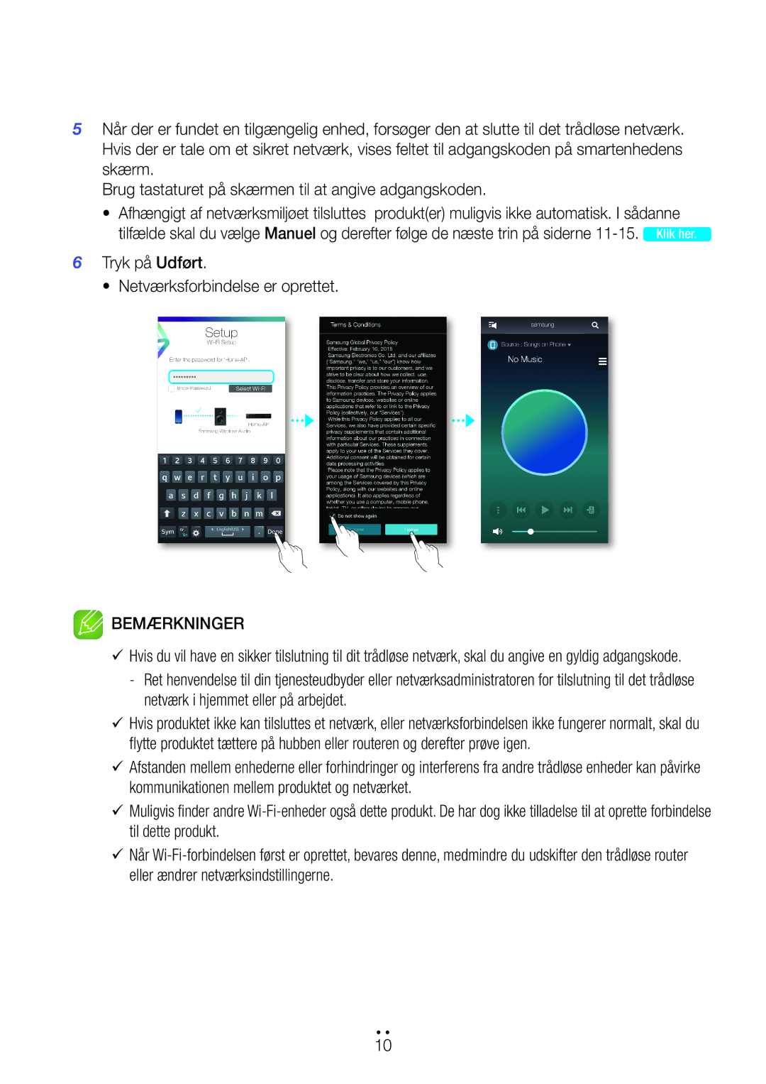 Samsung WAM6500/XE, WAM7500/XE manual Tryk på Udført Netværksforbindelse er oprettet, Netværk i hjemmet eller på arbejdet 