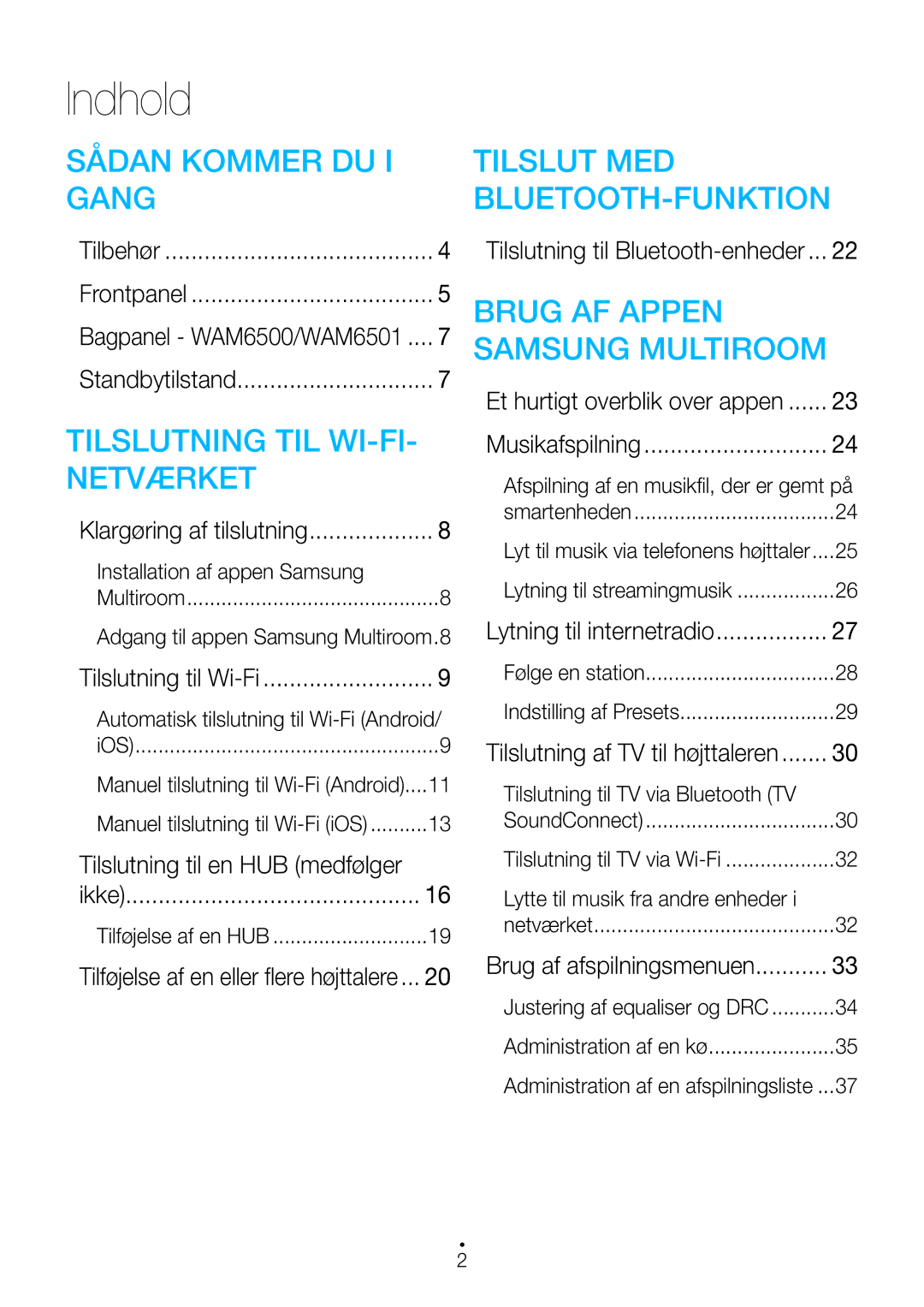 Samsung WAM6500/XE, WAM7500/XE, WAM7501/XE Indhold, Tilslutning til en HUB medfølger, Tilslutning til Bluetooth-enheder 