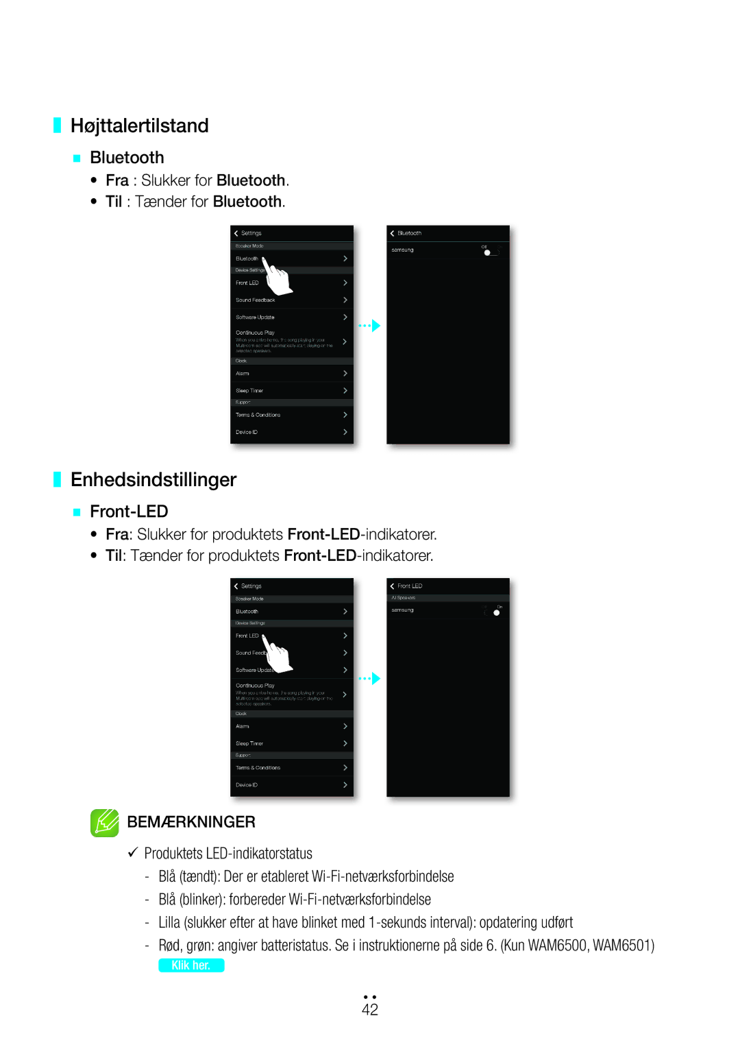 Samsung WAM6500/XE, WAM7500/XE, WAM7501/XE, WAM6501/XE Højttalertilstand, Enhedsindstillinger, `` Bluetooth, `` Front-LED 