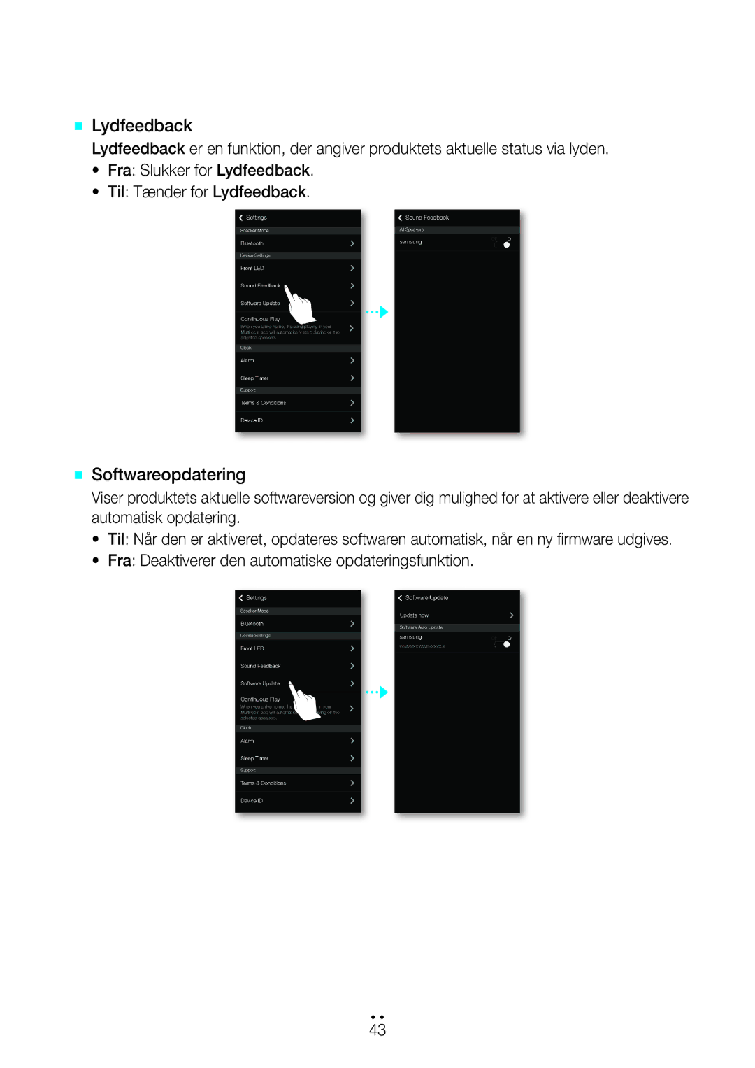 Samsung WAM6501/XE, WAM7500/XE, WAM7501/XE, WAM6500/XE manual `` Lydfeedback, `` Softwareopdatering 