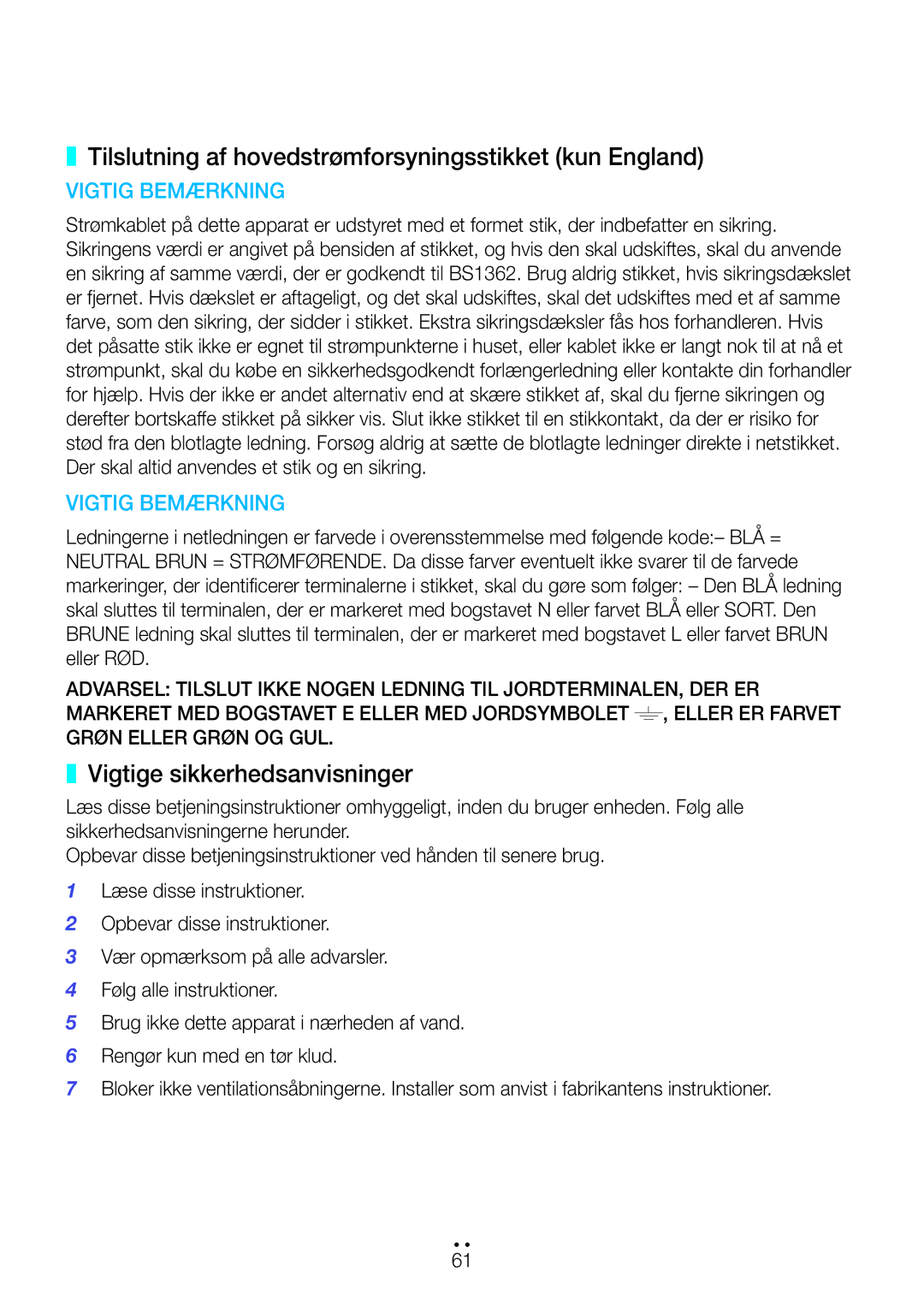 Samsung WAM7501/XE, WAM7500/XE manual Tilslutning af hovedstrømforsyningsstikket kun England, Vigtige sikkerhedsanvisninger 