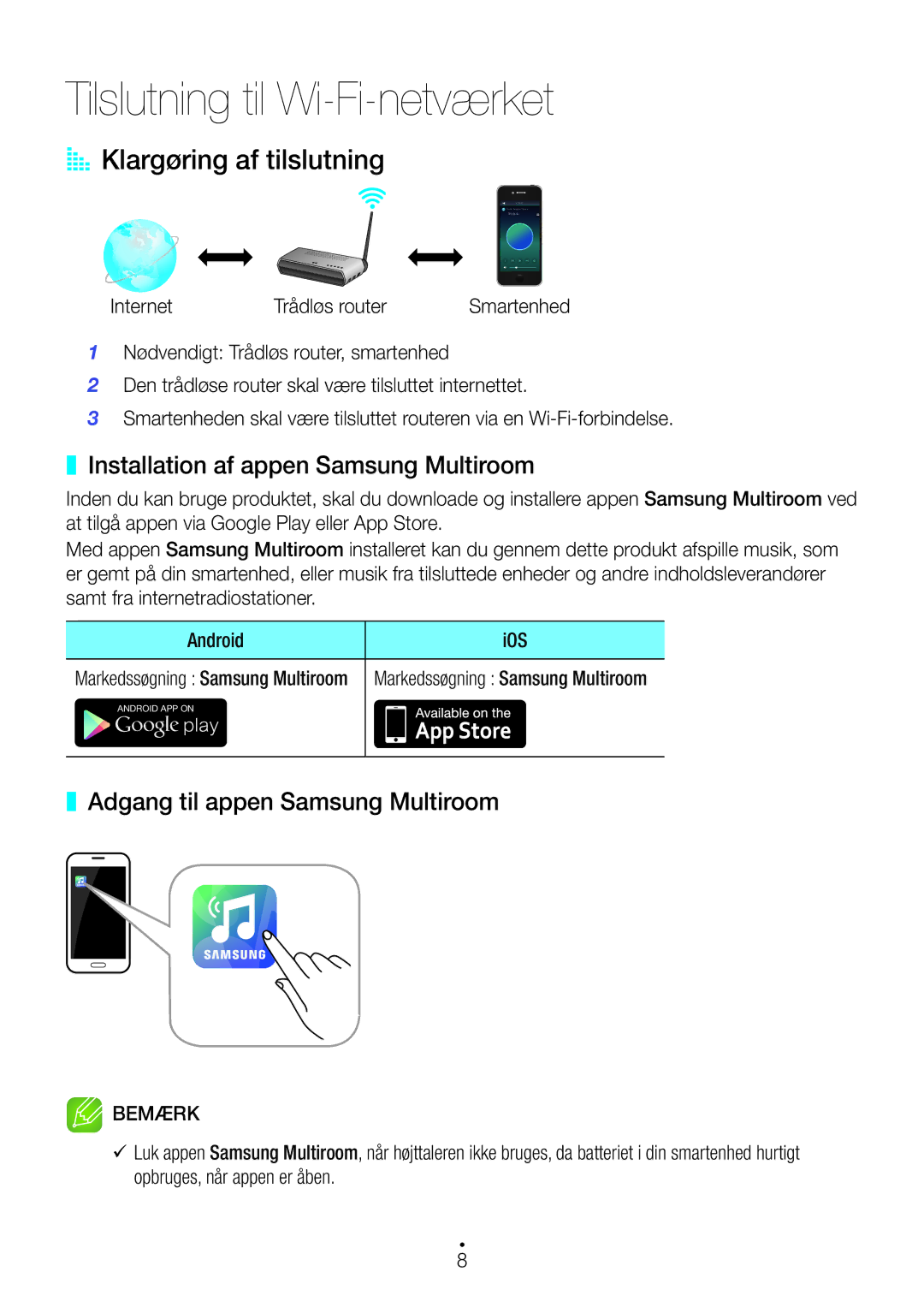 Samsung WAM7500/XE Tilslutning til Wi-Fi-netværket, AA Klargøring af tilslutning, Installation af appen Samsung Multiroom 