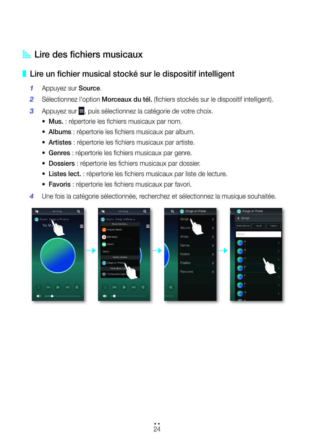 Samsung WAM7501/ZF, WAM6500/ZF AA Lire des fichiers musicaux, Lire un fichier musical stocké sur le dispositif intelligent 