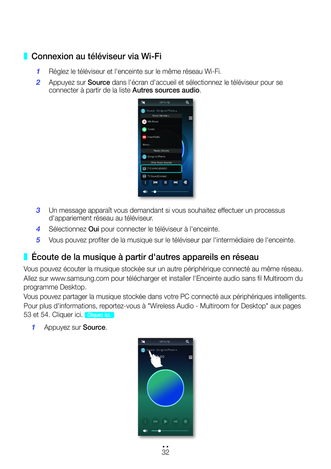 Samsung WAM7500/ZF manual Connexion au téléviseur via Wi-Fi, Écoute de la musique à partir dautres appareils en réseau 