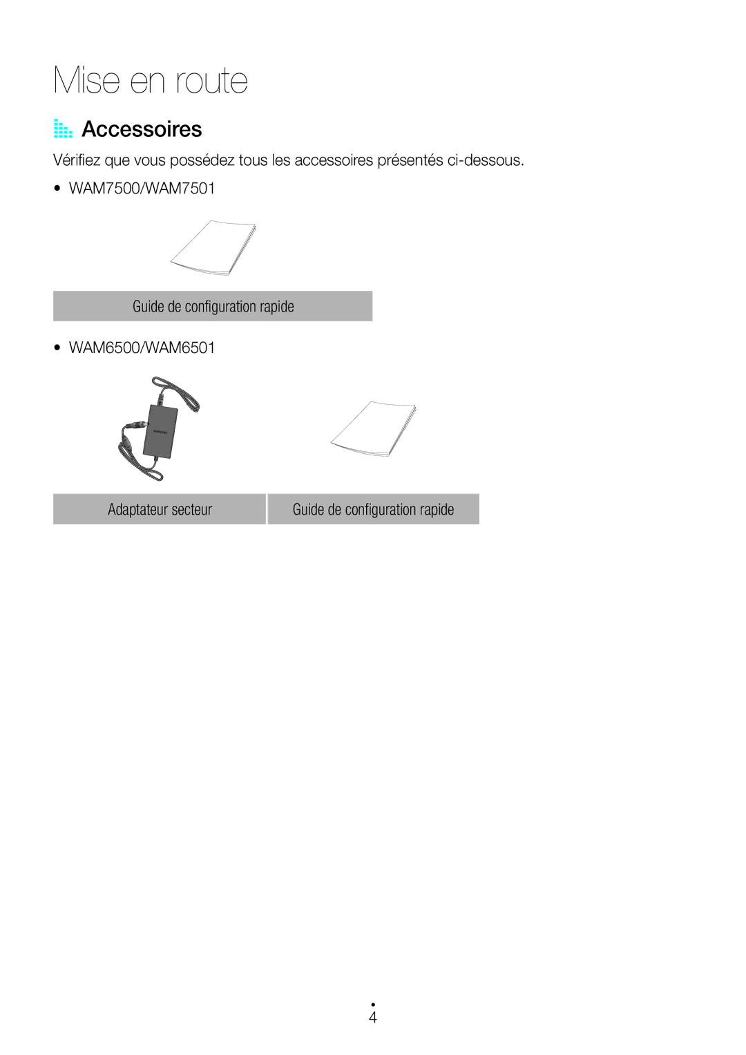 Samsung WAM6500/ZF, WAM7501/ZF, WAM7500/ZF manual Mise en route, AA Accessoires 