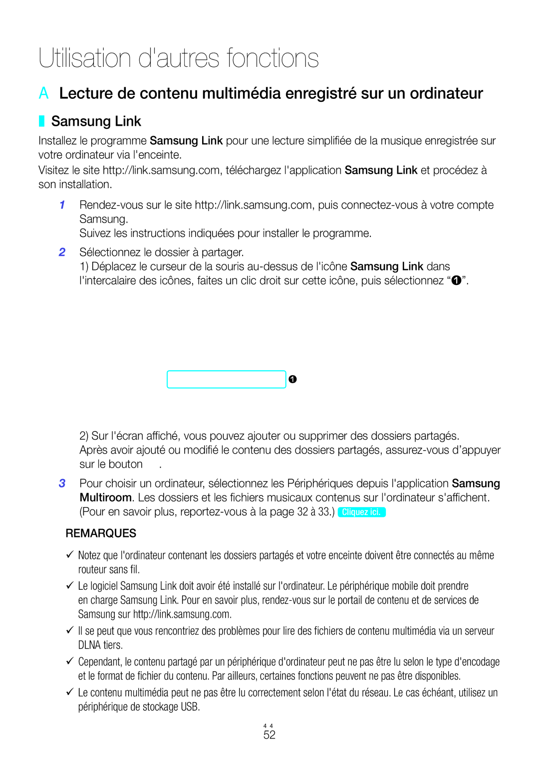 Samsung WAM6500/ZF, WAM7501/ZF, WAM7500/ZF manual Utilisation dautres fonctions, Samsung Link 