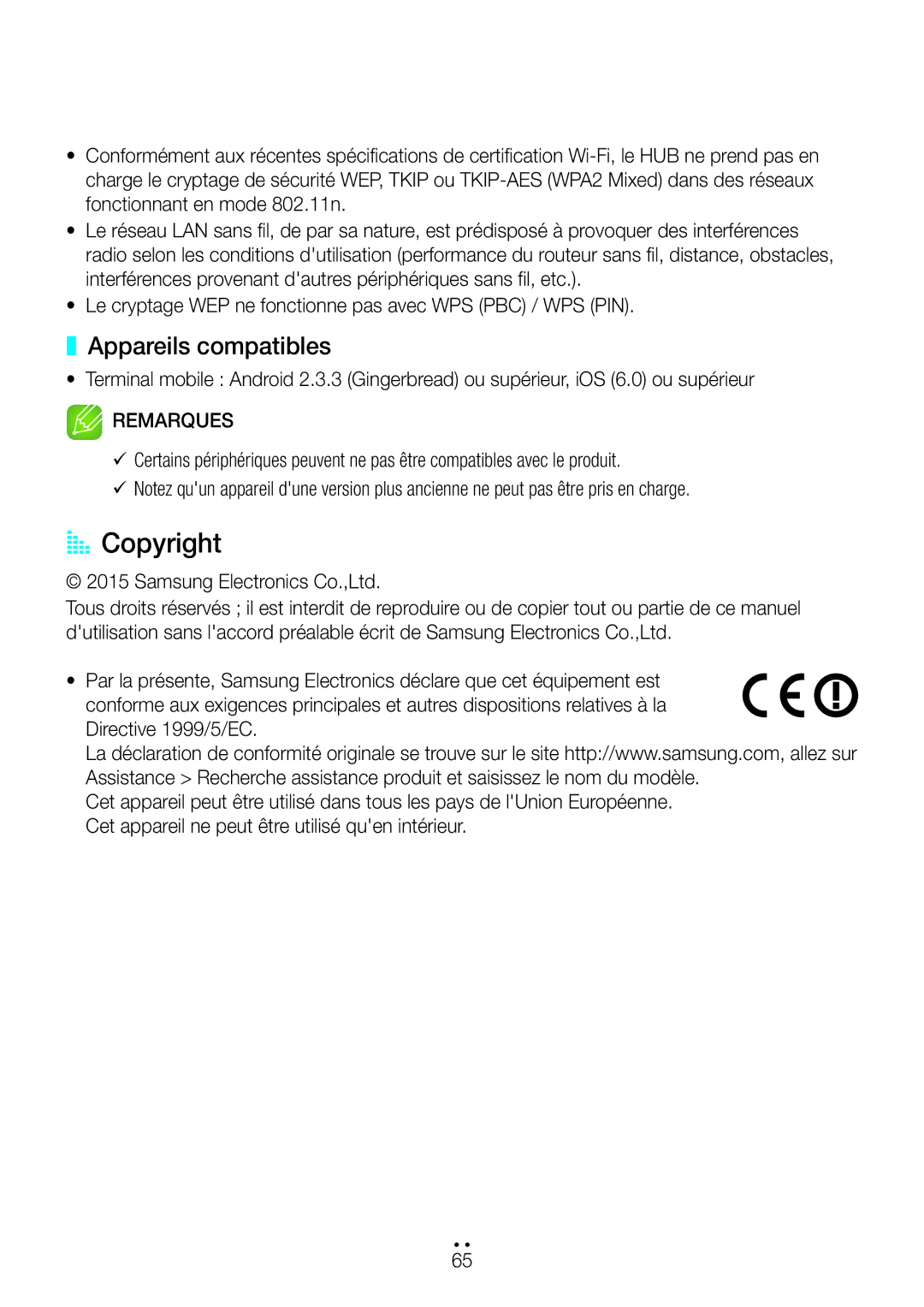 Samsung WAM7500/ZF, WAM7501/ZF, WAM6500/ZF manual AA Copyright, Appareils compatibles 