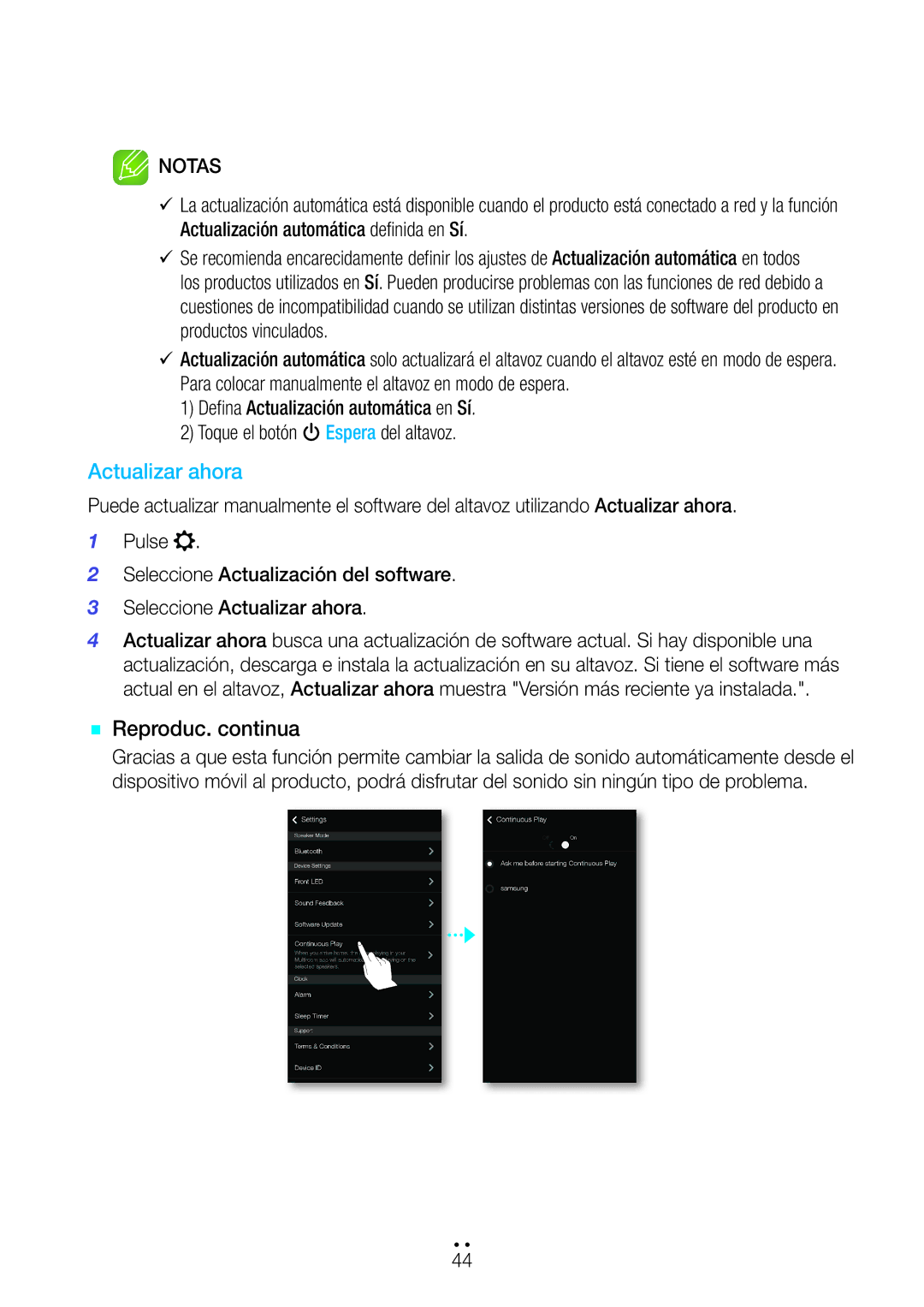 Samsung WAM7500/ZF, WAM7501/ZF, WAM6500/ZF manual Actualizar ahora, `` Reproduc. continua 