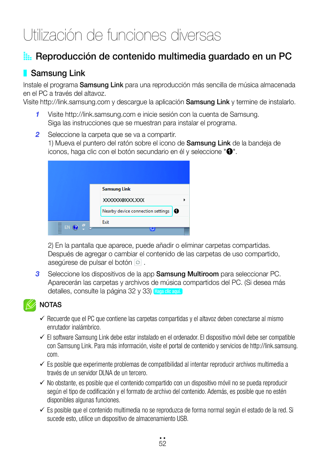 Samsung WAM6500/ZF manual Utilización de funciones diversas, AA Reproducción de contenido multimedia guardado en un PC 