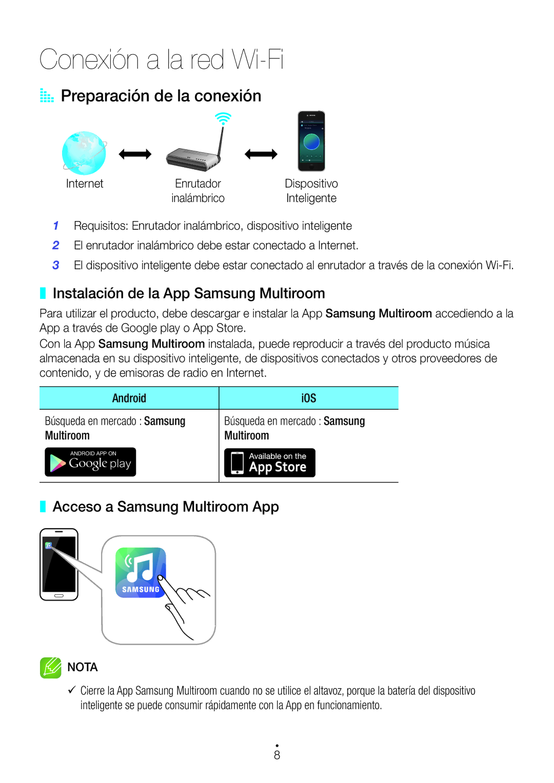 Samsung WAM7500/ZF manual Conexión a la red Wi-Fi, AA Preparación de la conexión, Instalación de la App Samsung Multiroom 