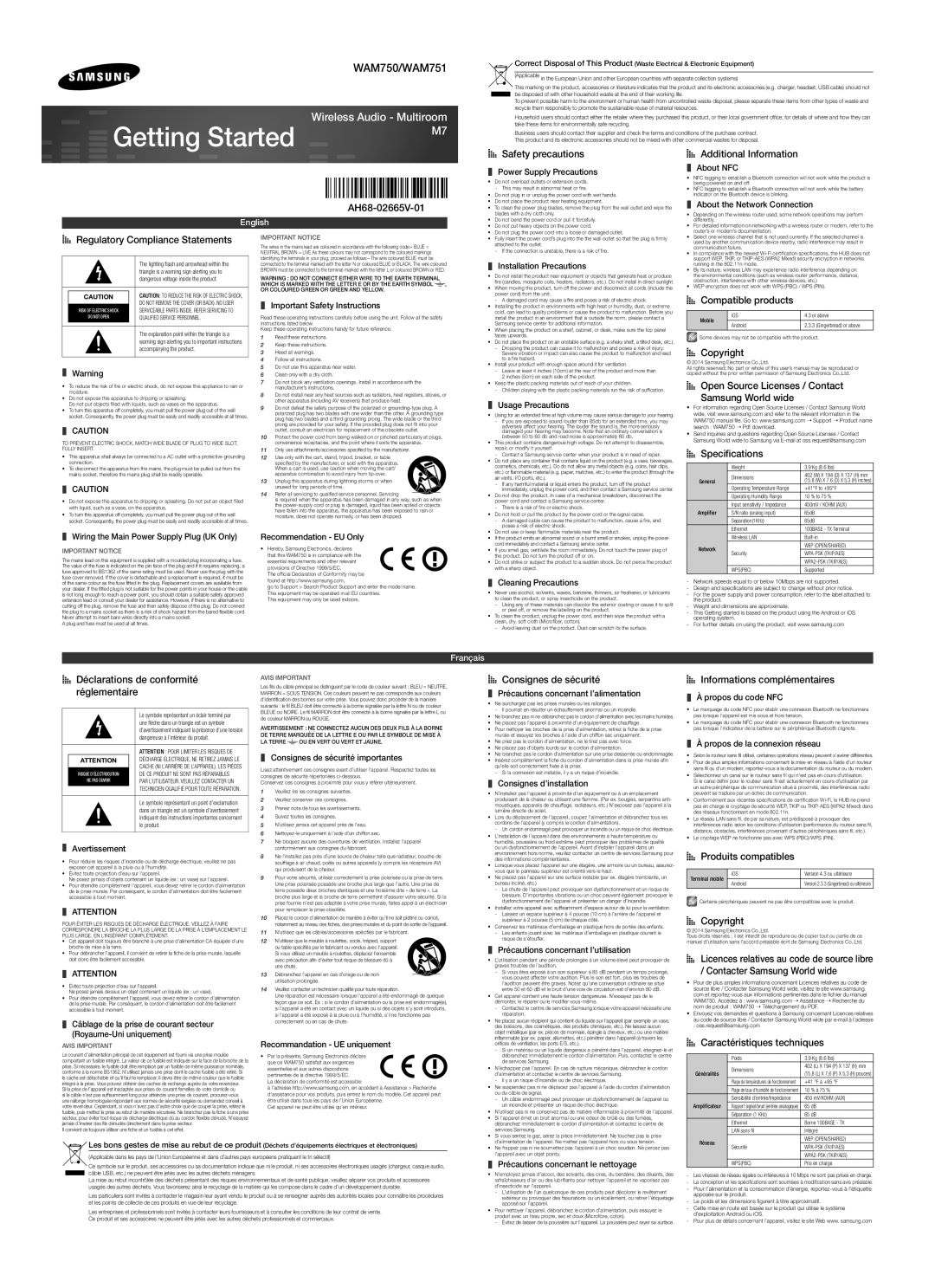 Samsung WAM750/EN manual WAM750/WAM751, AH68-02665V-01, Regulatory Compliance Statements, AA Compatible products 