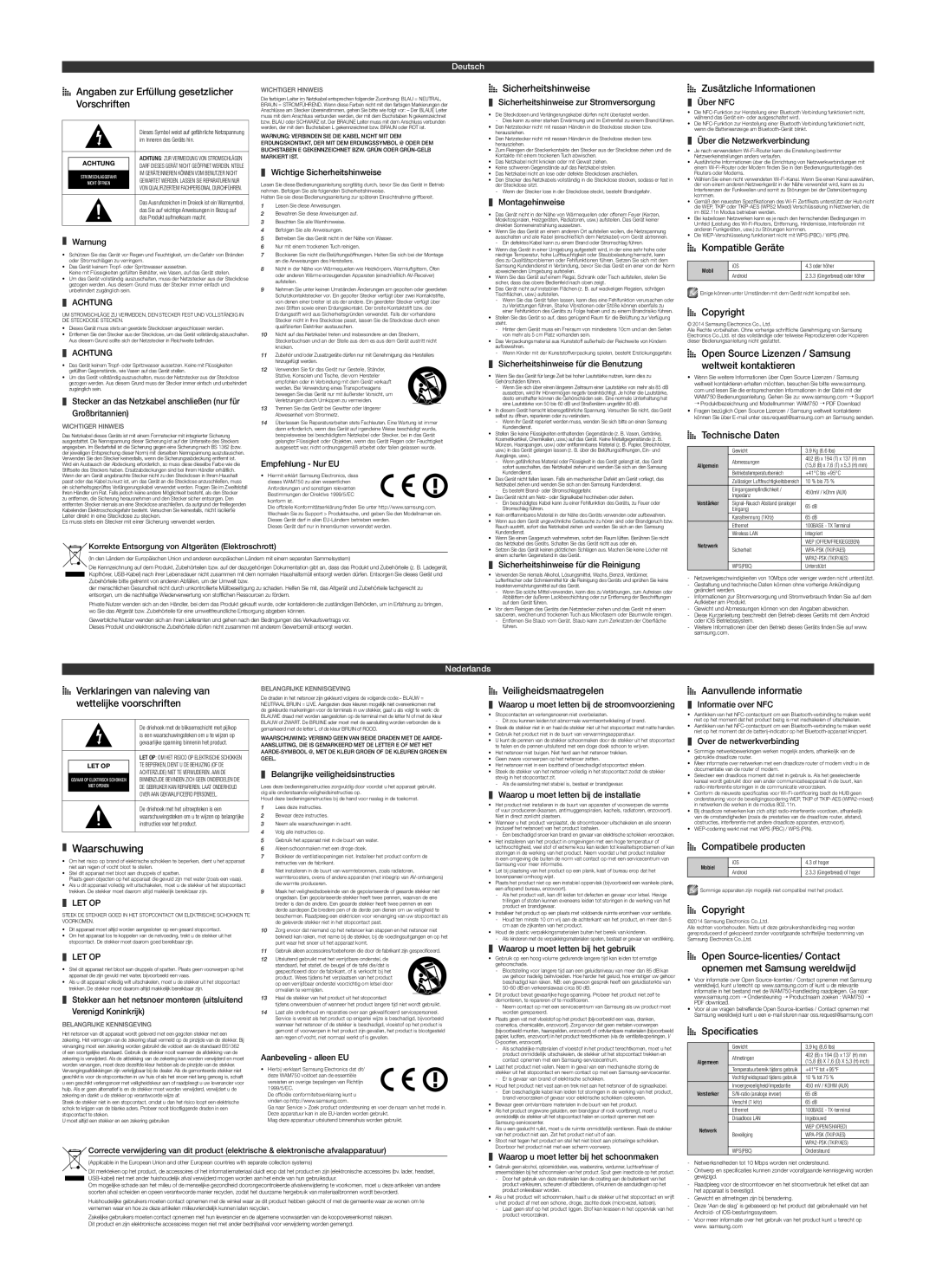 Samsung WAM751/ZF manual AA Sicherheitshinweise, AA Zusätzliche Informationen, AA Kompatible Geräte, Veiligheidsmaatregelen 