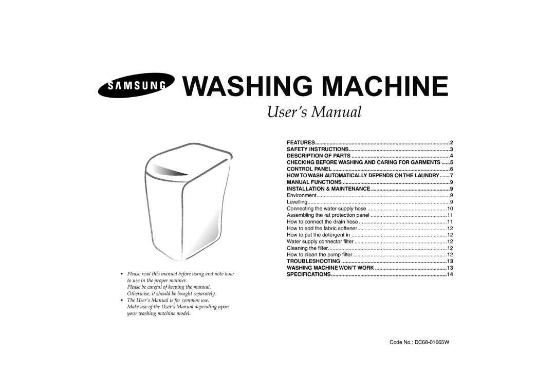 Samsung Washing Maching user manual Washing Machine, Troubleshooting 