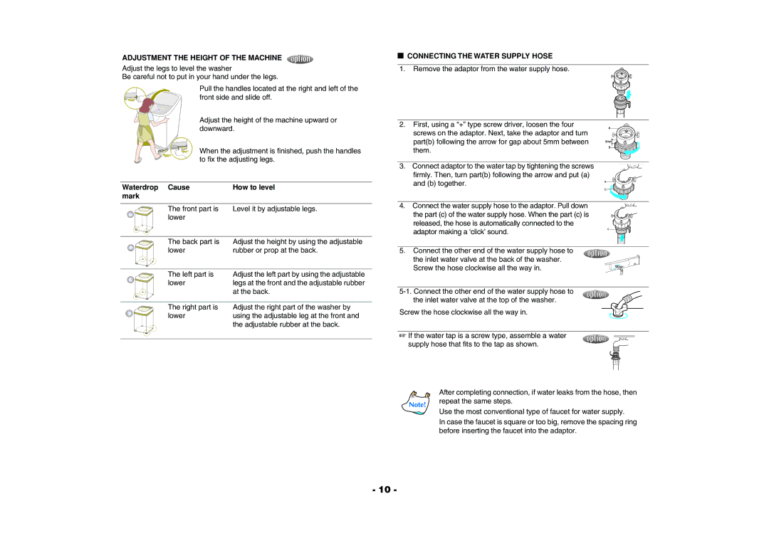 Samsung Washing Maching user manual Adjustment the Height of the Machine, Waterdrop Cause How to level Mark 