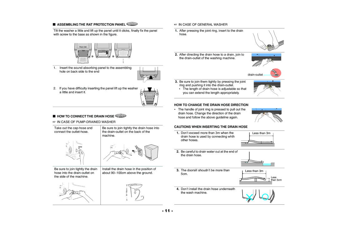 Samsung Washing Maching user manual Assembling the RAT Protection Panel, HOW to Connect the Drain Hose 