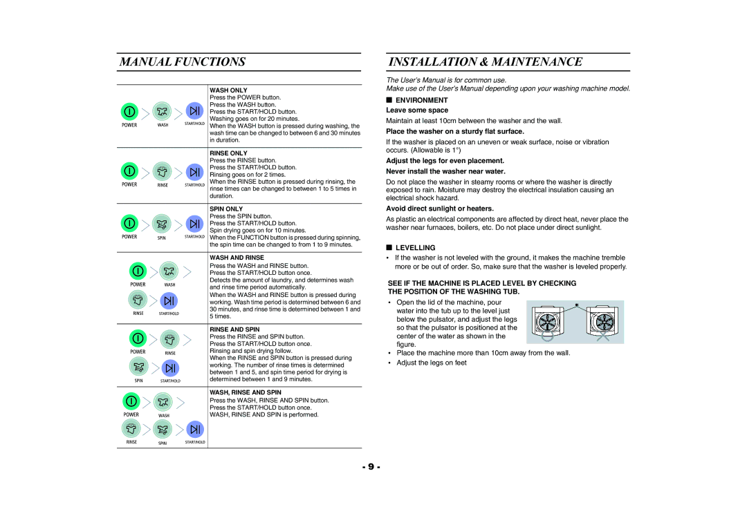 Samsung Washing Maching Manual Functions, Installation & Maintenance, Place the washer on a sturdy flat surface, Levelling 