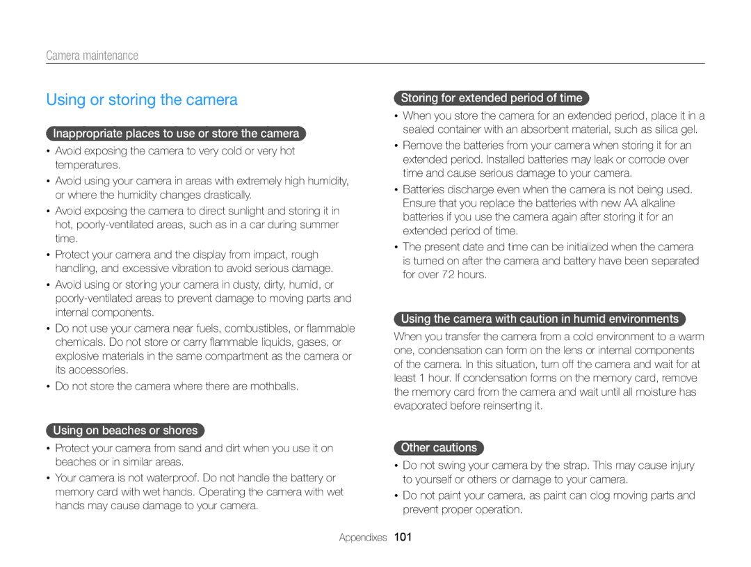 Samsung WB101, ECWB100ZBARUS, ECWB100ZBABUS appendix Using or storing the camera, Camera maintenance 