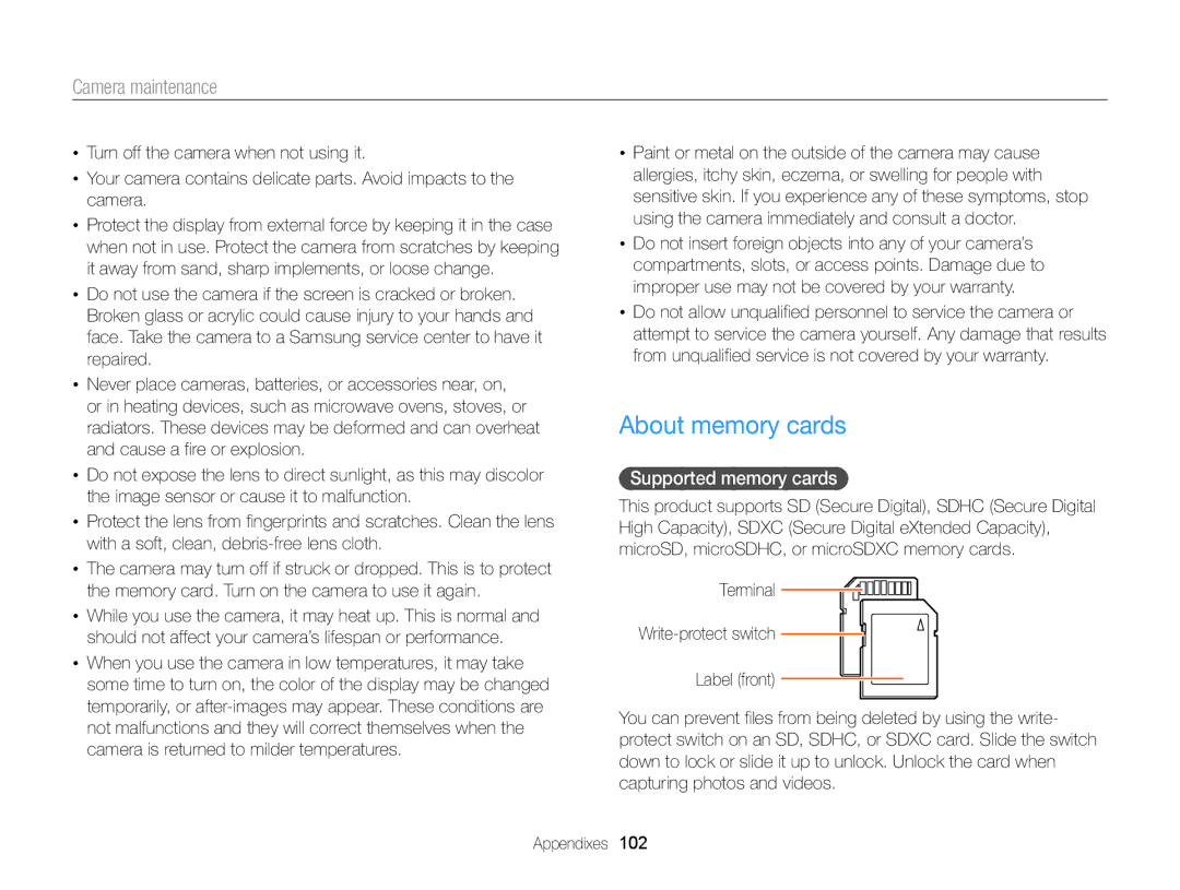 Samsung ECWB100ZBABUS, ECWB100ZBARUS, WB101 appendix About memory cards, Supported memory cards 