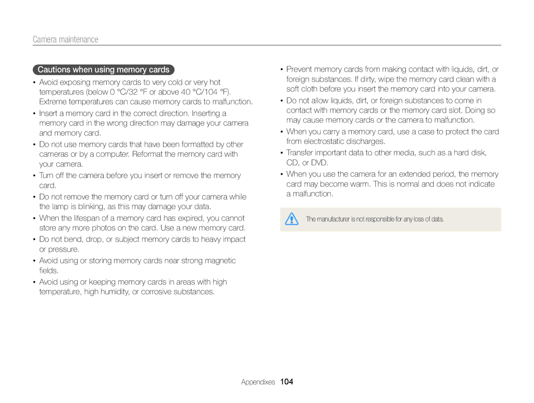 Samsung ECWB100ZBARUS, WB101, ECWB100ZBABUS appendix Manufacturer is not responsible for any loss of data 