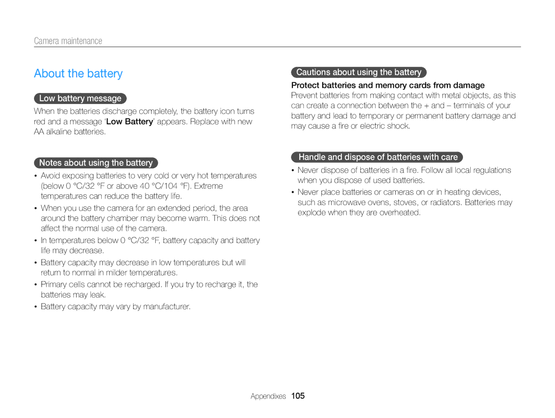 Samsung WB101, ECWB100ZBARUS appendix About the battery, Low battery message, Handle and dispose of batteries with care 