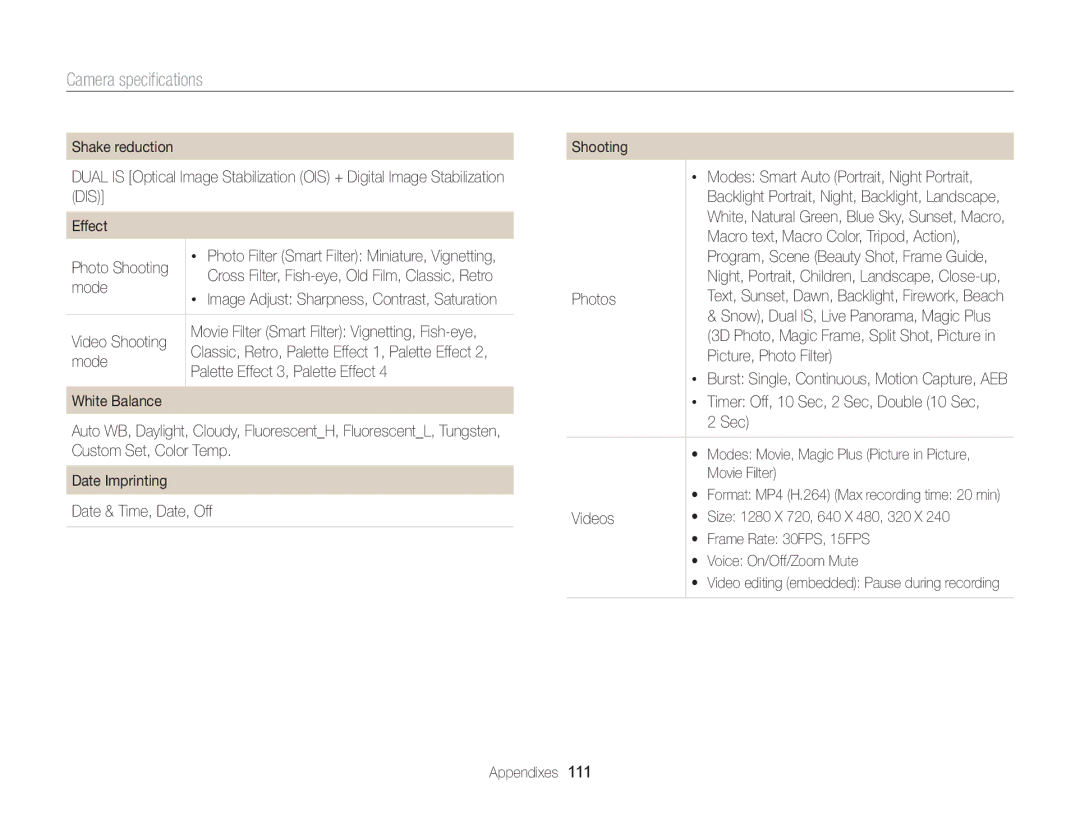 Samsung ECWB100ZBARUS, WB101, ECWB100ZBABUS appendix Camera specifications 