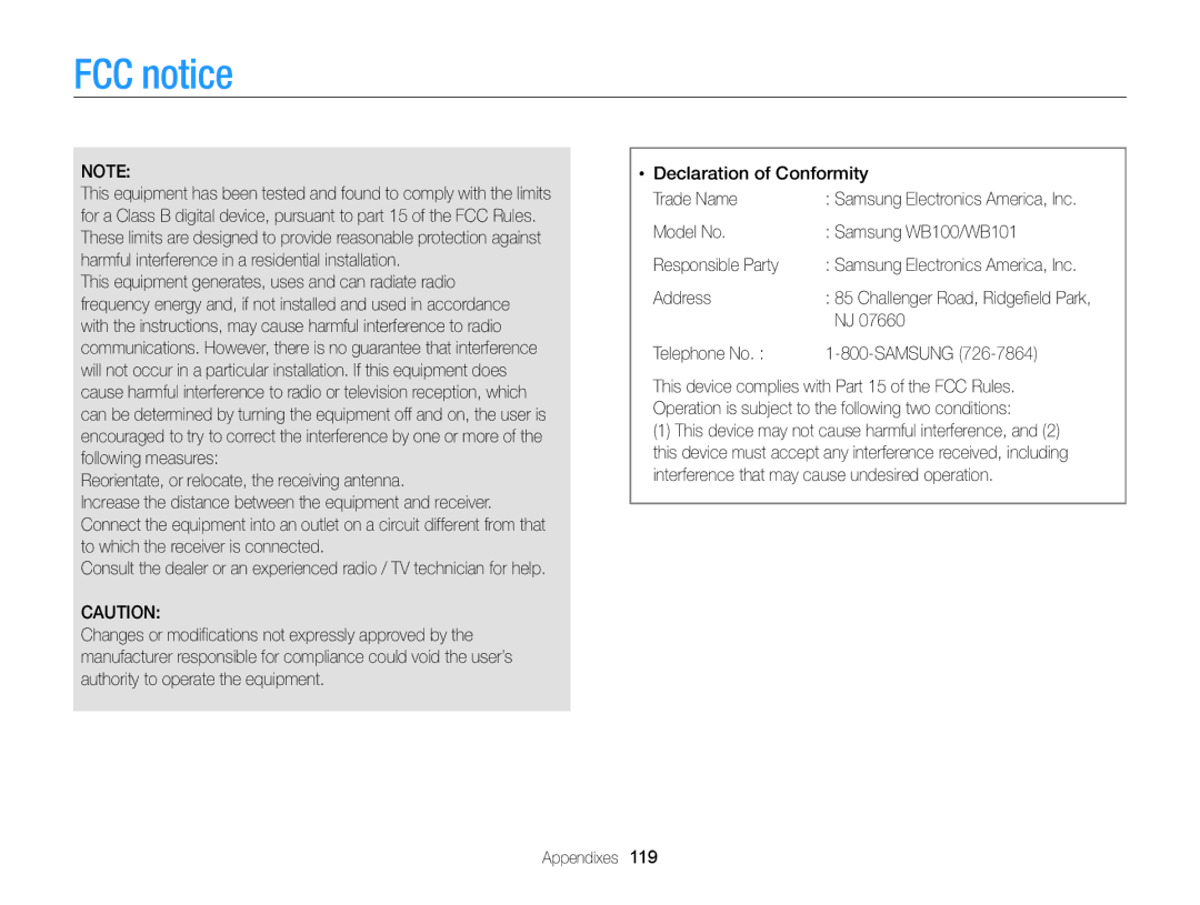 Samsung FCC notice, Reorientate, or relocate, the receiving antenna, Model No Samsung WB100/WB101 Responsible Party 