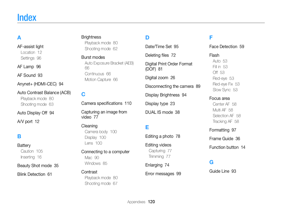 Samsung ECWB100ZBARUS, WB101, ECWB100ZBABUS appendix Index 