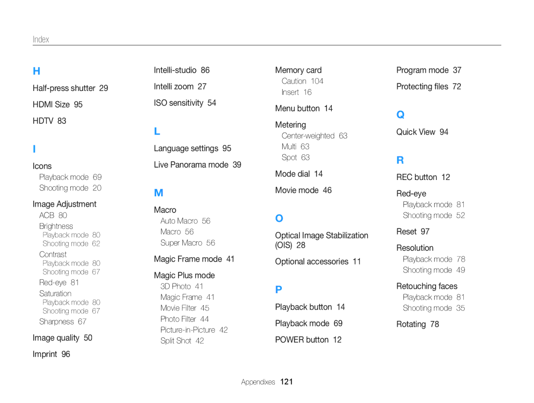 Samsung WB101, ECWB100ZBARUS, ECWB100ZBABUS appendix Index 