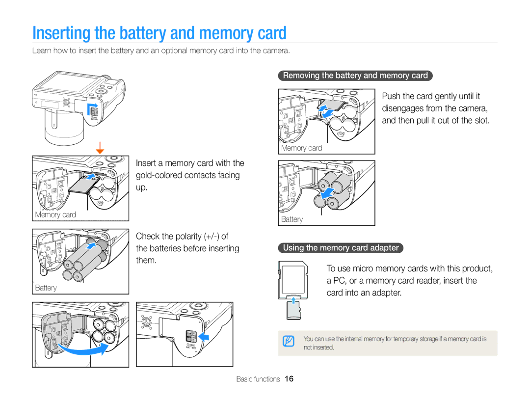 Samsung ECWB100ZBARUS, WB101 Inserting the battery and memory card, Check the polarity +, Batteries before inserting them 