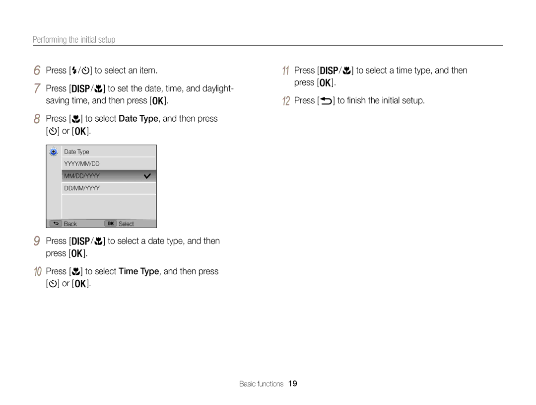 Samsung ECWB100ZBARUS, WB101 Performing the initial setup, Press / To select an item, Saving time, and then press 