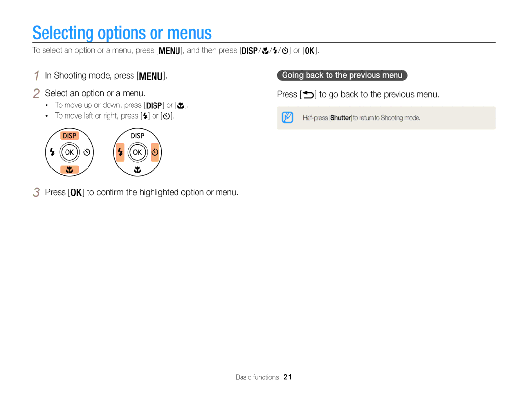 Samsung WB101 Selecting options or menus, Shooting mode, press Select an option or a menu, Going back to the previous menu 