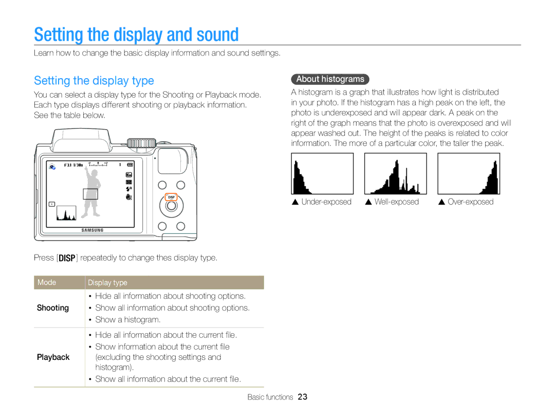 Samsung ECWB100ZBARUS, WB101 appendix Setting the display and sound, Setting the display type, About histograms, Mode 